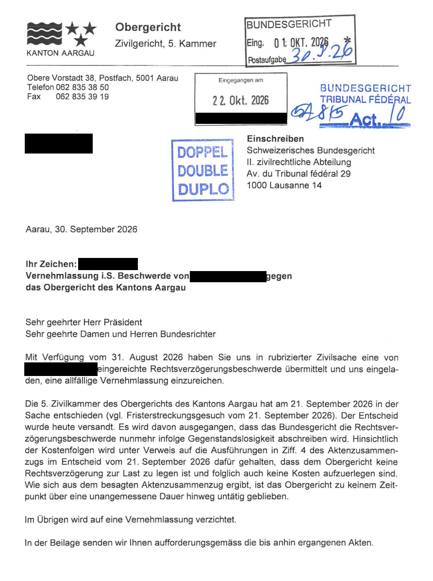 Schreiben des Obergerichts ans Bundesgericht vom 30. September 2026